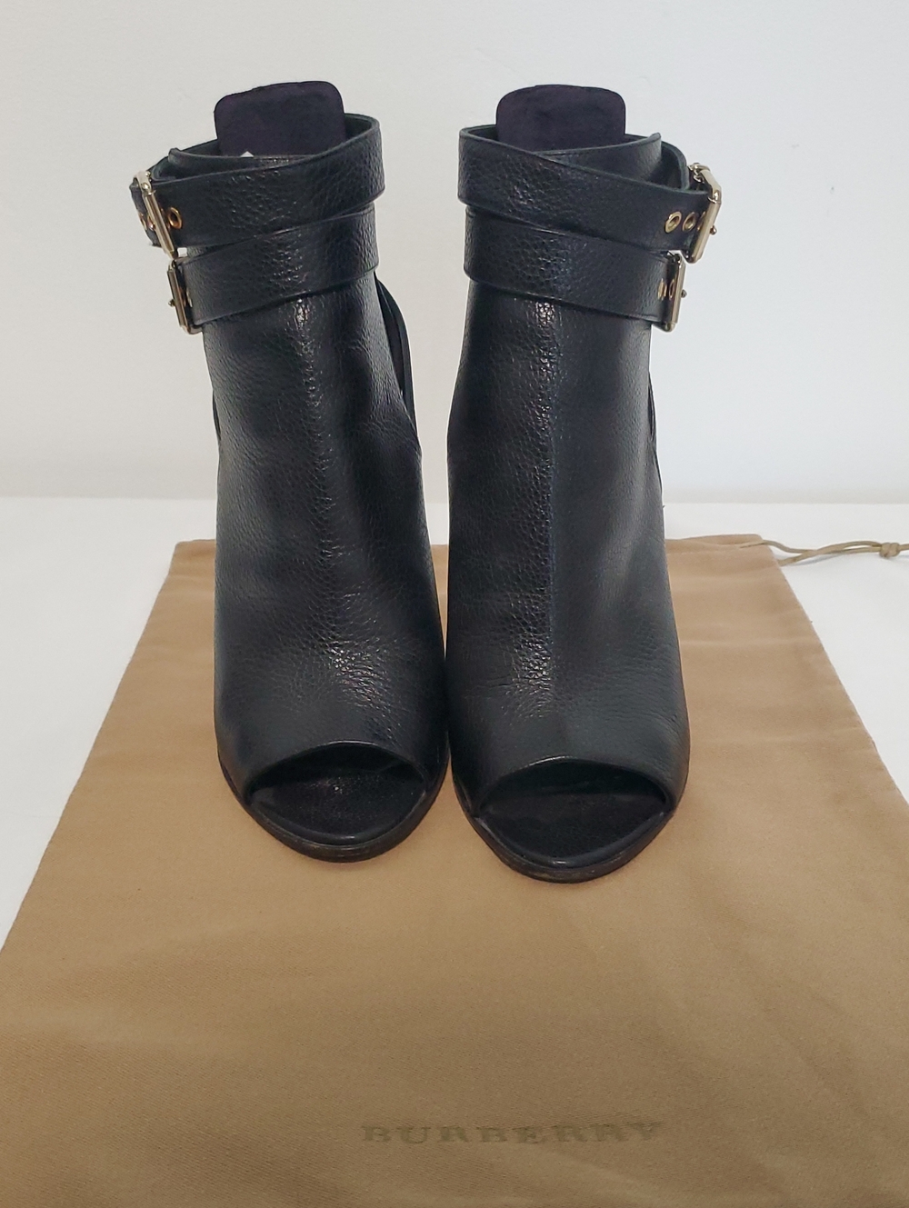 Burberry Black Leather Open-Toe Ankle Mules with Gold Buckles